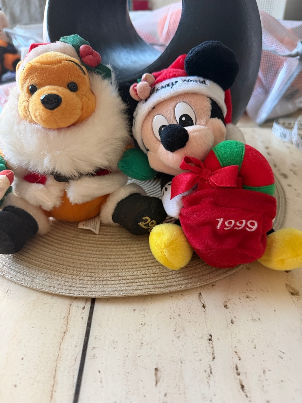 Disney Vintage 1999 Mickey Mouse Holiday Plush & 2000 Holiday Winnie the Pooh